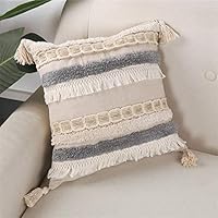Sungea Throw Pillow Covers, Boho Tufted Woven Tassel Decorative Pillowcases 18x18 Inch, for Living Room Couch Bed Room Chair, Jute