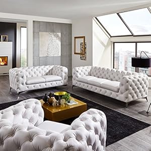 Moebella Designer Leder Chesterfield Sofagarnitur 3-2-1 Big-Emma weiß Voll-Leder Echtleder Knöpfung Modern Lounge-Möbel…