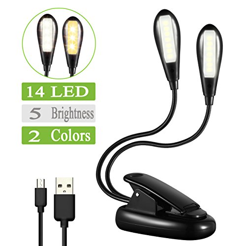 Reading Light Clip On Book Light ,Music Stand Light USB Rechargeable Adjustable Portable Eye-care Lamp,14 LED with 2 Arms,Reading in Bed for Kids,Children,Kindle,E-reader Piano,Travel,Night fishing