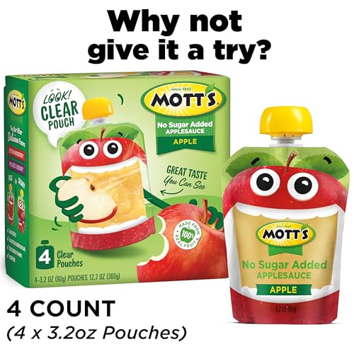 MOTT’S NO SUGAR ADDED APPLESAUCE, 3.2 OZ CLEAR POUCHES, 4 COUNT