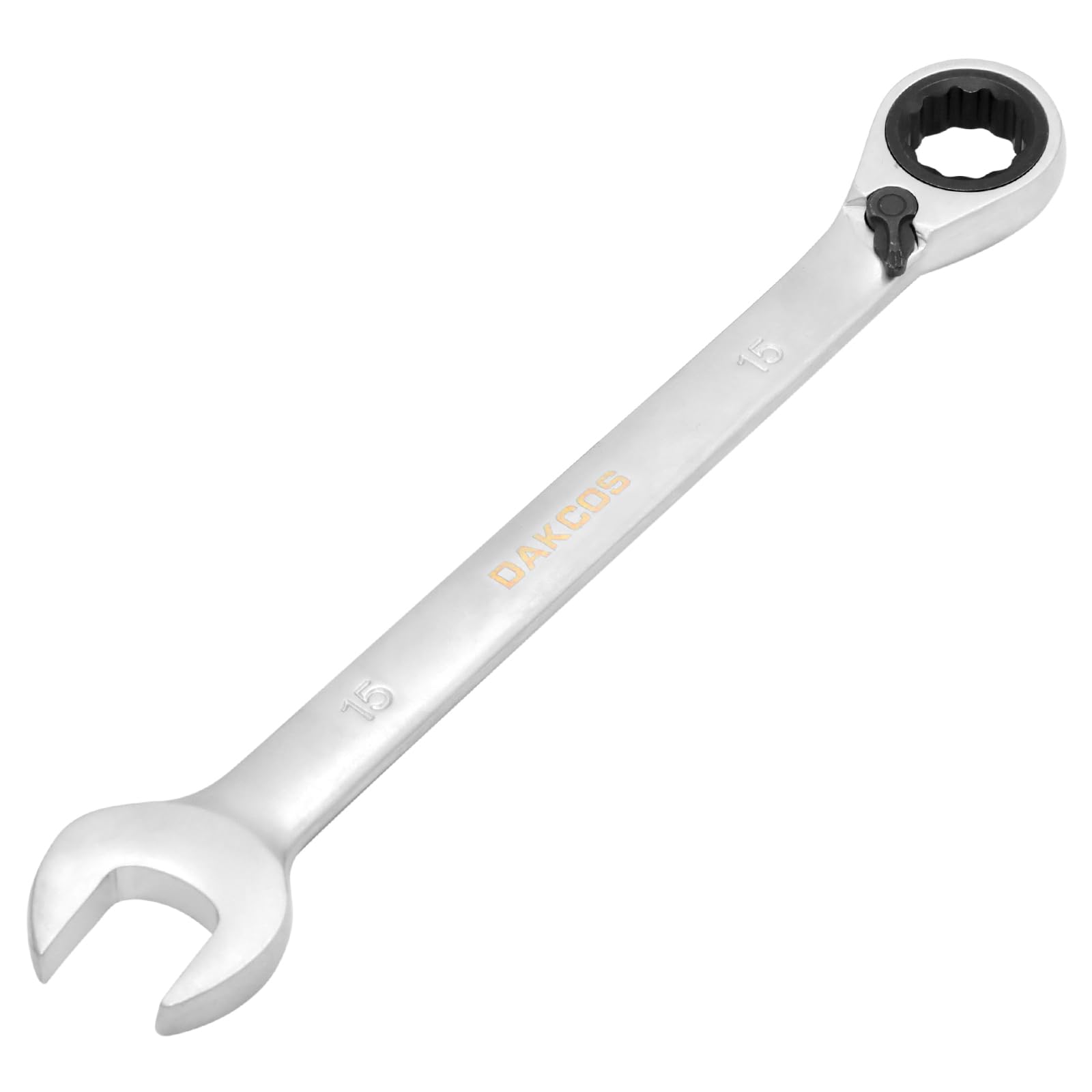 DAKCOS Fixed Head Reversible Ratchet Spanner 15mm Ratcheting Combination Wrench Chrome Vanadium Steel