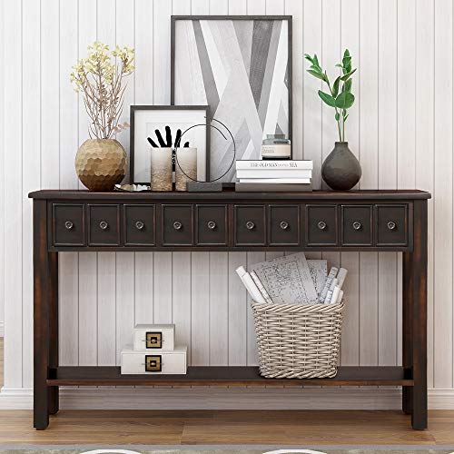 60 inch Long Sofa Console Table,JULYFOX 10 inch Slim Hallway Table with Storage Drawers and Shelf Solid Wood Rustic Entryway Table Heavy Duty for Living Room Office Bar-Black