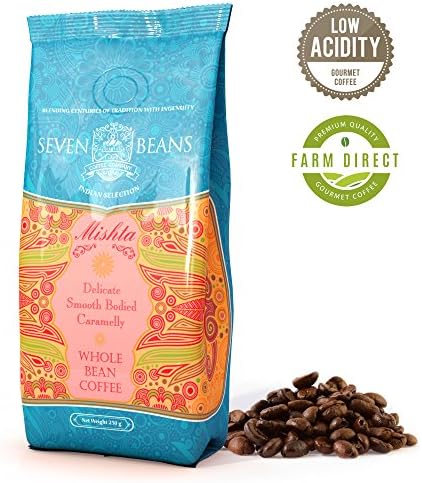 Seven Beans Coffee Company's"Mishta" Whole Beans Coffee - Medium Roast - Single Origin - Cold Brew Indian Gourmet AA Monsooned Malabar Speciality Coffee (Pack of 2)
