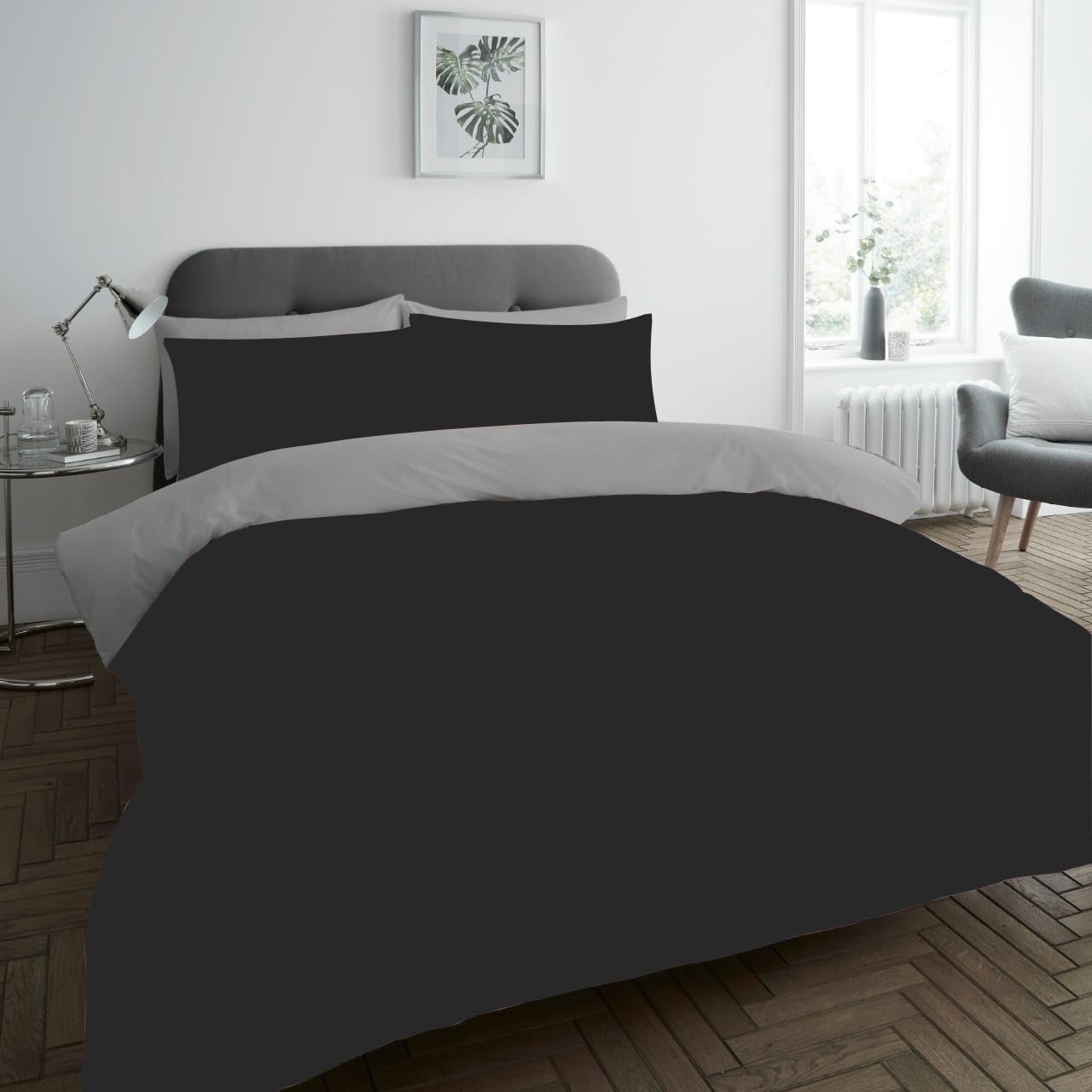 Lions Plain Dye Double Duvet Cover Set - Soft Reversible Microfibre Two Colors Quilt Bedding with Pillowcase, Ultra Soft 3 Piece Quilt Covers, Grey Black, 200x200cm