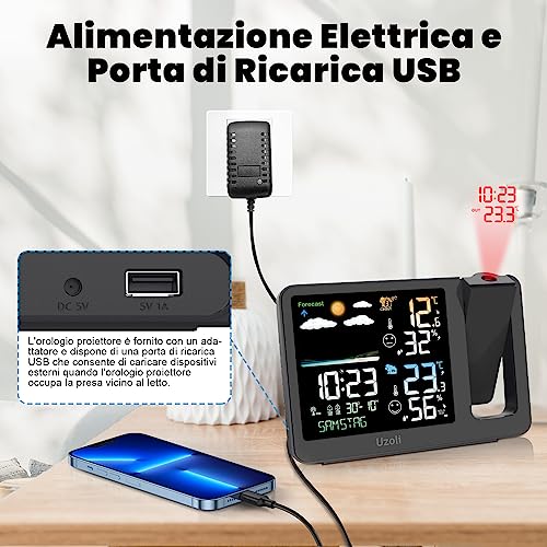 Uzoli Alarm Clock with Projector Ceiling Projection Clock Weather Station, Outdoor Sensor Thermometer Indoor Hygrometer Weather Forecast Comfort Level Mold Risk -EM3539A