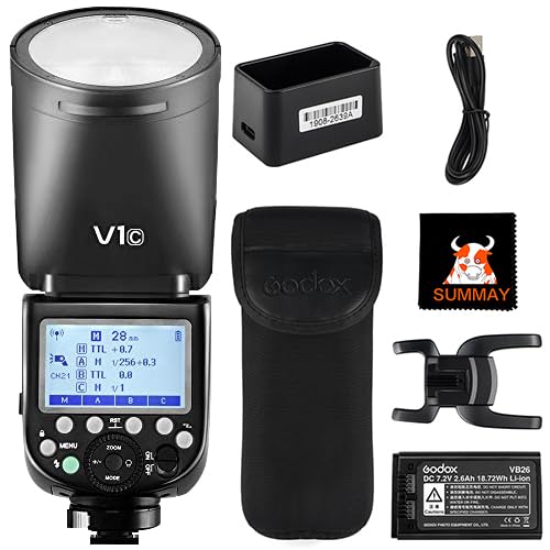 GODOX V1-C Round Head Flash Speedlight for Canon 76Ws TTL 1/8000 High Speed Sync 1.5 sec Recycle Time 480 Full Power 2600mah Rechargeable Battery