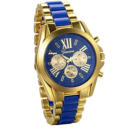 JewelryWe Reloj de Negocio Reloj de Caballero número Romano Tres Ojos Decorativos Acero Inoxidable Dorado Azul