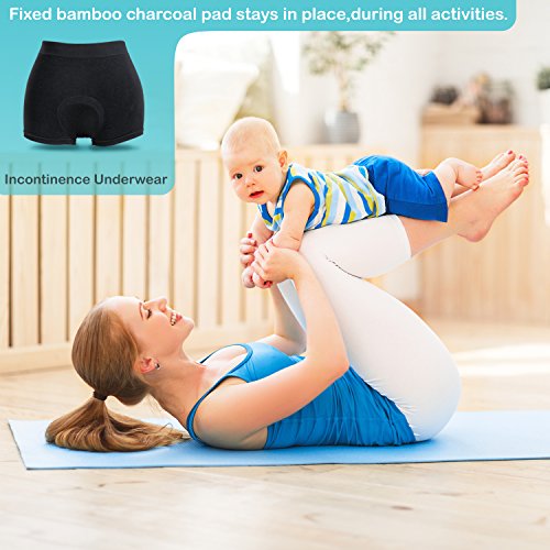 Incontinence Underwear Womens Active Brief (Black) with Super-Absorbent (14 Oz) White Bamboo Charcoal Pad. (Large)