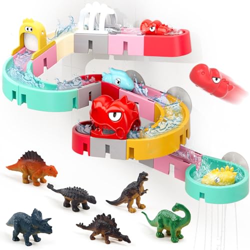 Bath Toys for Kids Ages 4-8, Bathtub Shower Toys DIY Water Slides Tracks Mold Free Toddler Bath Toys with 6 Mini Dino & Car, Wall Track Building Set, Stocking Stuffers Christmas 3-5 Boys Girls