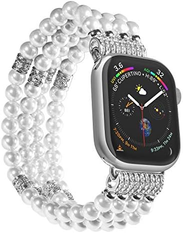 Imymax Compatible for Apple Watch Band 38mm/40mm Handmade Beaded Elastic Stretch Faux Pearl Bracelet Replacement iWatch Strap/Wristband for iWatch Series 5/4/3/2/1 - White for Women Girl