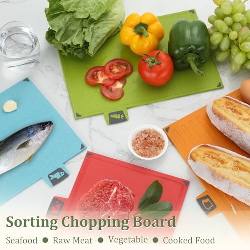 BEWOS 4 Colour Coded Chopping Boards Set, Wheat Straw Cutting Board, Reversible Chopping Board with Stand, Non-Slip Feet Chopping Boards for Kitchens, Juice Grooves & Dishwasher Safe