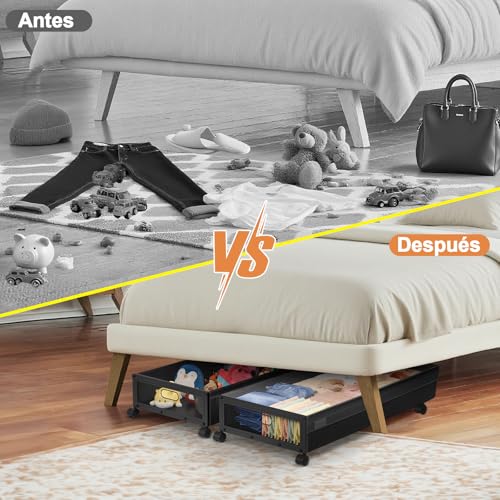 2Pcs Zapatera Bajo Cama con Ruedas, Caja de almacenamiento debajo de la cama con Asas Metálica y Tapa transparente, Organizador de Almacenamiento de Gran capacidad para guardar ropa、zapatos、edredones