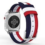 MoKo Band for Apple Watch Series 3 Bands, Fine Woven Nylon Adjustable Replacement Band Sport Strap for iWatch 38mm 2017 series 3 / 2 / 1, Blue & White & Red (Not fit 42mm Versions)