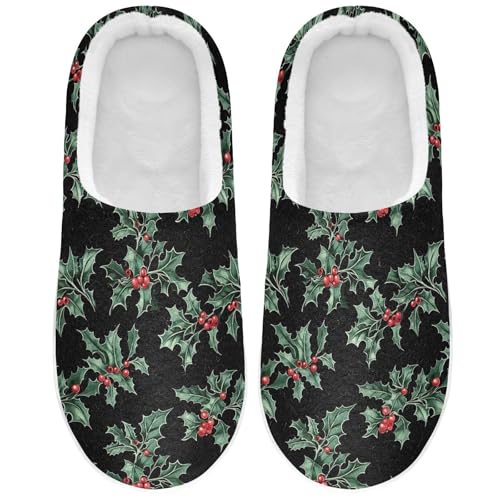 FULUHUAPIN Holly Leaves and Berries Cotton Slippers Men's and Women's House Shoes​, Indoor and Outdoor Non Slip Slippers 20325794