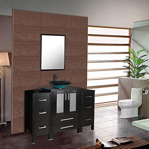 Bathroom Vanity,48 inch vanity top with sink,Square Tempered Glass Blue Vessel Sink Faucet ORB Bathroom Bowl With Pop Up Drain,2 Small side Cabinet Removable MDF board,Mirror Included