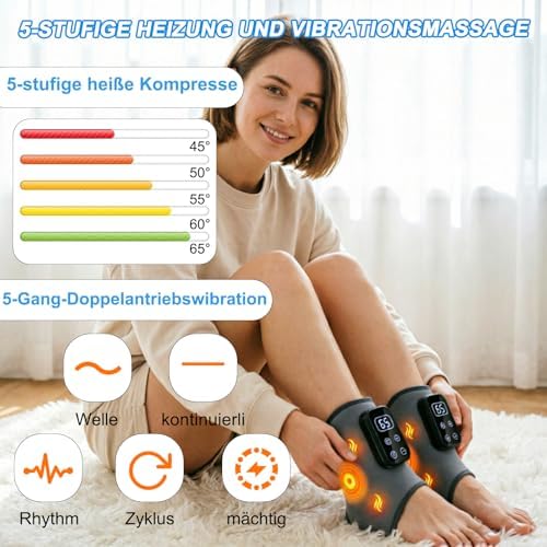 Fussmassagegerät, kabelloses elektrisches Fußmassagegerät für Schmerzlinderung & Durchblutung, 3-in-1 Triple Therapy Foot Massager mit 2000mAh Akku, 6 Heizstufen bis 65°C, Gesundheit Geschenk,grau
