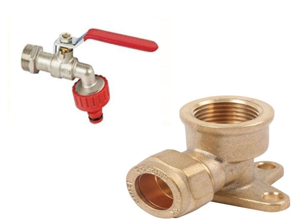 Wärmer System 1/2" Garden Bib Tap with Red Handle, Garden Hose Plug, Compression Fitting Wall Plate Elbow - Brass (15mm)