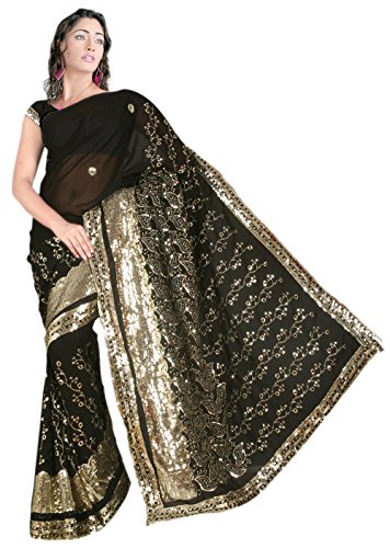 Black Women's Sequin Embroidered Saree Sari Fabric - Saniya