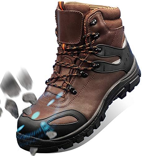 Composite Toe Work Boots for Men, Safety Shoes Slip Resistant Anti-Static Leather Work Boots Brown Size 9