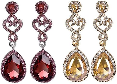 BILONG Women Jewelry Red&Gold&White&Blue CZ Stones Teardrop Dangle Earrings Set