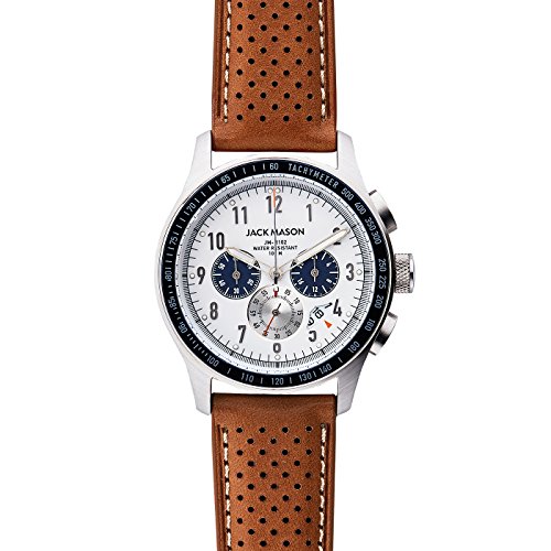 Jack Mason Racing Chronograph Stainless Steel Bezel, White/Navy Dial Tan Leather Strap