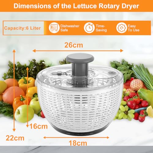 6L Salad Spinner with Bowl Large Vegetable Fruit Washer Quick Spinner Dryer | Manual Lettuce Mixer, Veggies Quick Dryer, with Food Draining Basket Lid, Salad Making Bowl Colander