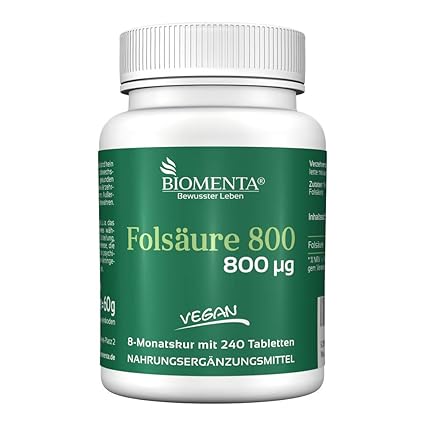 BIOMENTA FOLSÄURE 800 | AKTION!!! | 8 Monatskur | HOCHDOSIERT & OHNE JOD | 240 Folsäure-Tabletten | VEGAN