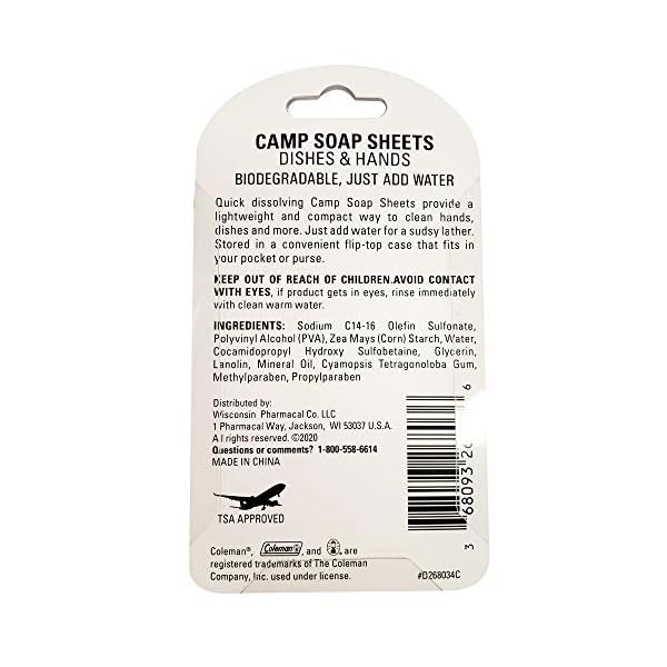 Coleman Camp Soap Sheets for Dishes and Hands, 50 sheets Mini Travel