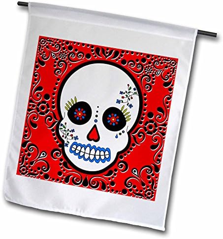 3dRose fl_28866_1 Day of The Dead Día de Los Muertos Sugar Skull Red/Black Scroll Design Garden Flag, 12 by 18-Inch
