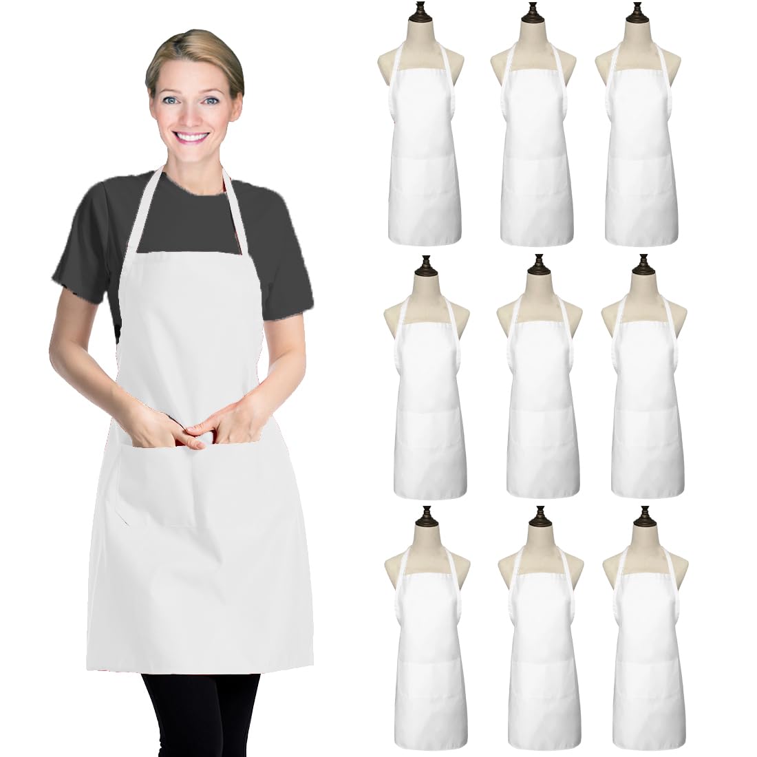 Photo 1 of XEEYAYA White Bib Apron for Women Adult Girls Ladies with Pockets - Kitchen Aprons Bulk for Cooking Painting BBQ Grilling Baking