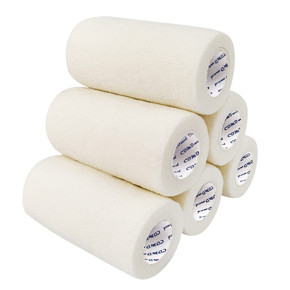COMOmed 6 Rolls Cohesive Bandage White 10cmX4.5m, Flexible Bandage,Non-Woven Cohesive, Athletic Tape,Vet wrap,Wraps Bandage,Suitable for Sensitive Skin