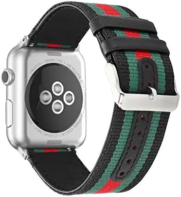 Chumei Apple Watch Band, Genuine Leather with Nylon Canvas Style Sporty Replacement Strap Band for iWatch Series 1 Series 2 (38MM Black/Green/Red)