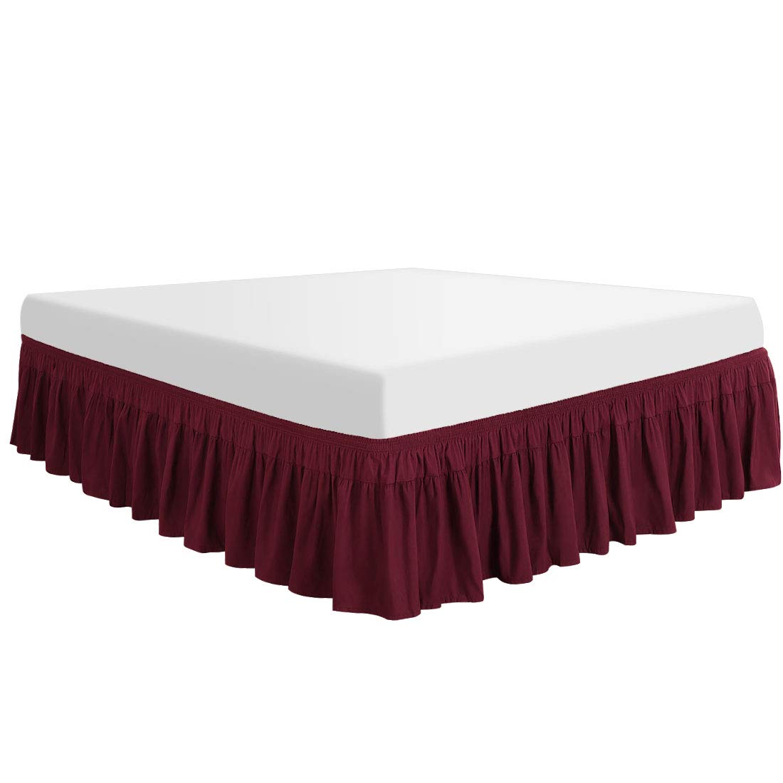 PiccoCasa Polyester Wrap Around Bed Skirt,Elastic Dust Ruffles Bedskirts,Fade & Wrinkle,No Lift Mattress,Three Fabric Sides with 16 Inch Drop Burgundy Queen