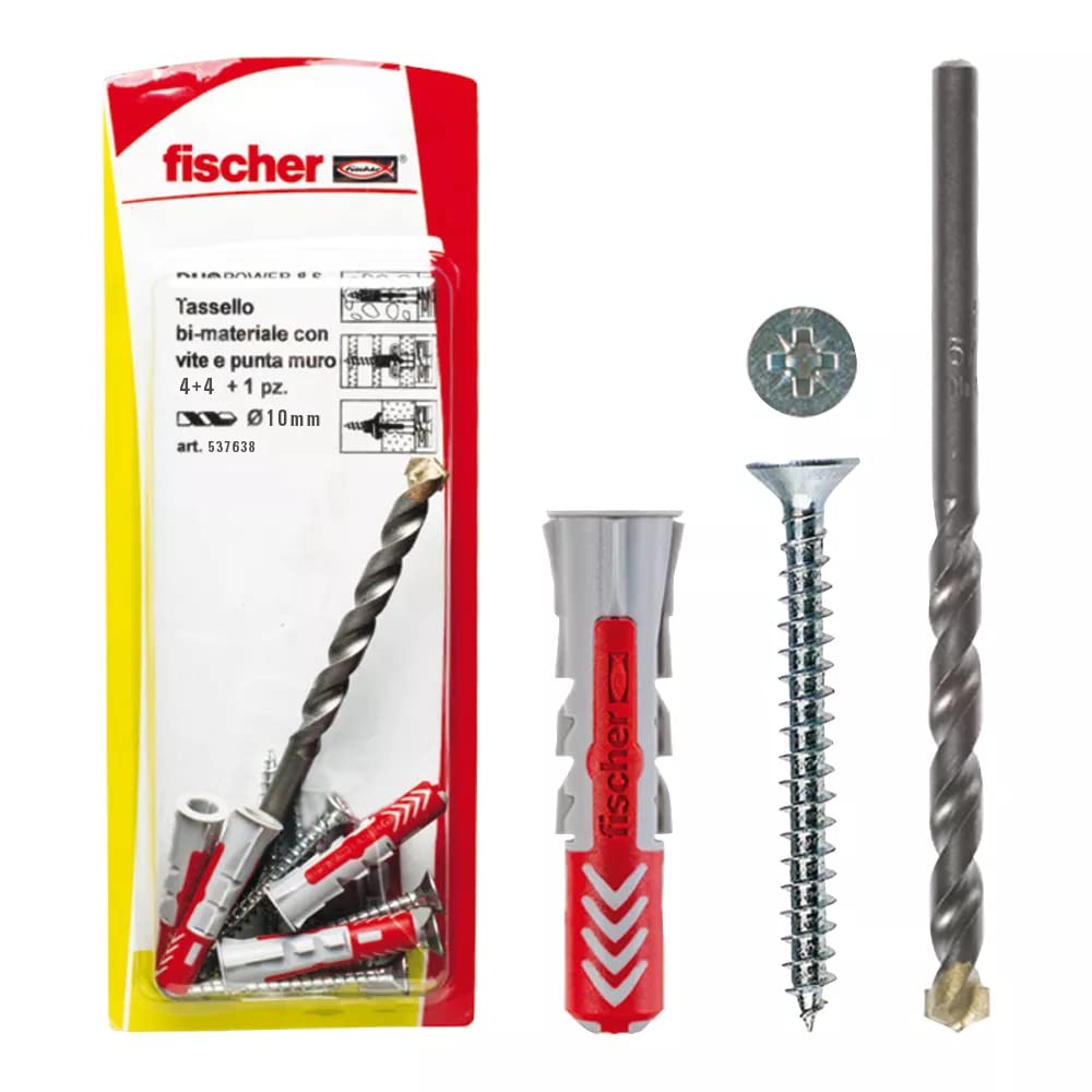 Fischer 4 x Duopower Dowels with Screw and 1 Drill Bit, 10 x 50 mm, for Solid Wall, Perforated Brick, Drywall, 537638
