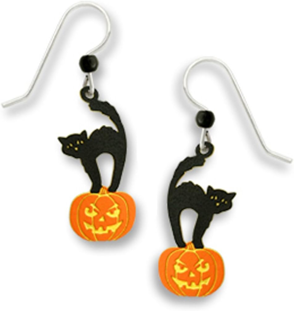 Halloween Black Scared Kitty Cat Standing on a Pumpkin Earrings by Sienna Sky