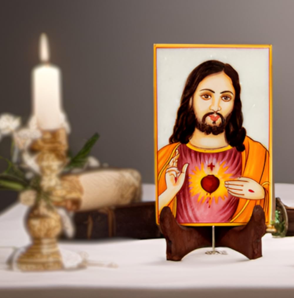 Purpledip Marble Painting Jesus Christ: Hand Painted Tile with Gold Work, 6x4 Inches (12093)