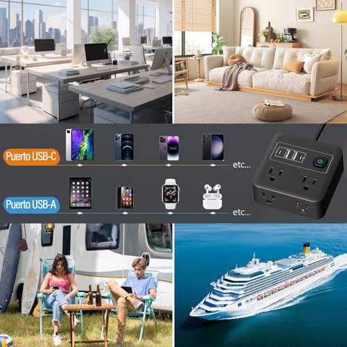 KIROGILY Multicontacto Extension Electrica con Protector Supresor de Picos Voltaje, 8 En 1 Regleta Multicontactos USB Hogar Oficina, Sleek Socket con Enchufe Plano, 4 Salidas Y 4 USB (2 USB-C), 1.8 M