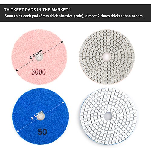 ADVcer Wet Diamond Polishing Pads Set, 4" 10 Pads 50 to 3000 Grit with 5/8" 11 Arbor Polisher Hook and Loop Backing Plate - Ideal Buffing Kit for Granite Concrete Marble Stone Countertop Tile Grinder - Thumbnail 4
