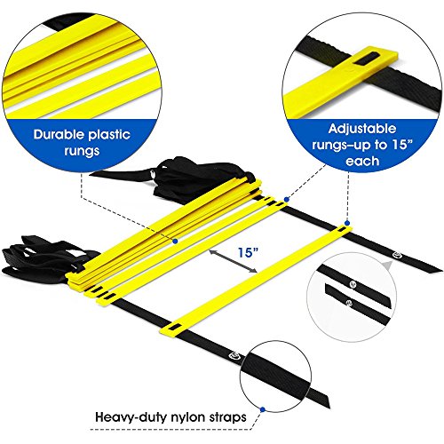 YAHEY Agility Ladder,Adjustable Training Speed Ladder 12 Rungs with 9 Huge BONUS-6 Sports Cones+Reaction Ball+Cooling Towel with Carabiner+Carring Bag,Speed Training Equipment for Many Sports