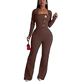 QZKLWG Women's fashionable, sexy, elegant, high waisted, wide leg pants, club business party button jumpsuit