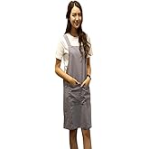 Japanese Style Apron, X Cross Back Strap Aprons, No Tie Design Linen and Cotton Blend Apron with Two Practical Front Pockets,Perfect for Baking Painting Gardening Cleaning,Women's Present (Light Gray)