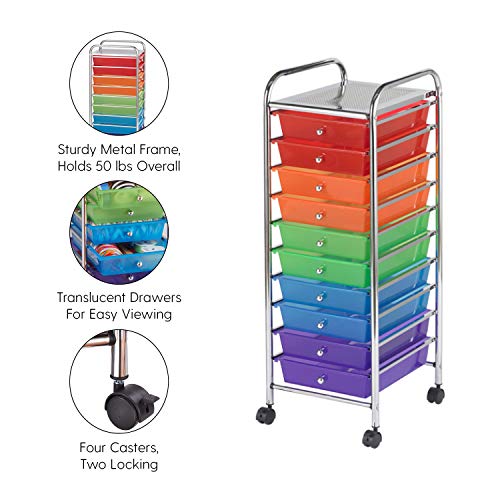 ECR4Kids 10Drawer Mobile Organizer Rolling Cart, Assorted Colors
