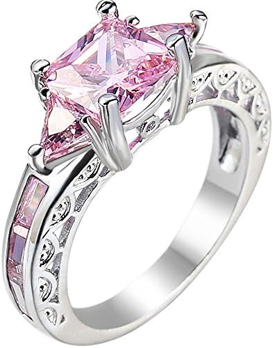 AONEW925 Sterling Silver Plated Engagement Wedding Ring for Womens Square Pink Halo Cubic Zirconia CZ Promise Band Size 6-10