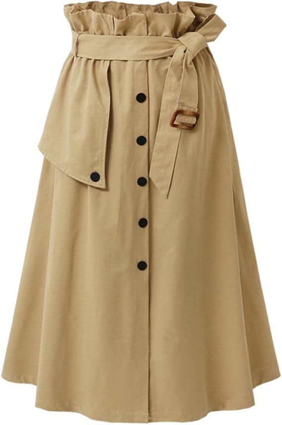 Amazon Co Jp トレンチスカート レディース カーキ 膝丈下 Aライン ウエストゴム トレンチ風aラインスカート ハイウェスト ベルト付き かわいいスカート ミモレ丈 カーキ フリー 服 ファッション小物