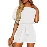 Vetinee Womens Summer Belted Romper Keyhole Back Short Sleeve Jumpsuit Playsuit