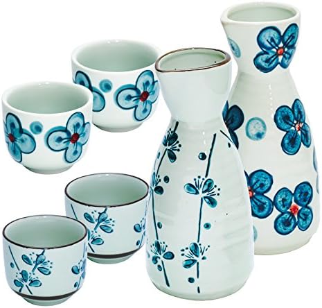 Japanese Sake Set, two bottles”Tokkuri” and four cups”Ochoko”, white and blue, Plum and Four-leaf clover design, set of 6