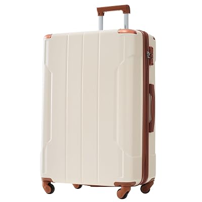 Merax 28 Inch Checked-Large Luggage with Wheels Aluminum Alloy Corner Hard Shell Suitcase TSA Luggage Suitcases for Travel Woman Men(White Brown)