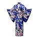 Women's Kimono Costume Adult Japanese Asian Top Dress Robe Sash Belt Fan Set Outfit (Royal Blue)