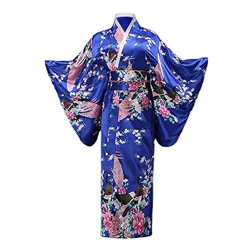 Women's Kimono Costume Adult Japanese Asian Top Dress Robe Sash Belt Fan Set Outfit (Royal Blue)