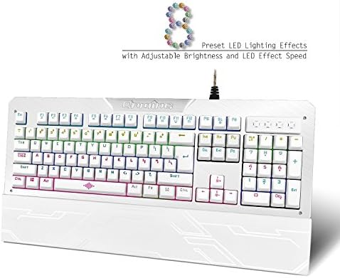 Runsen Mechanical Gaming Keyboard with Blue Switch,104 Keys Anti-ghosting Rainbow LED Backlit ,Detachable Wrist Rest ( silver+white)